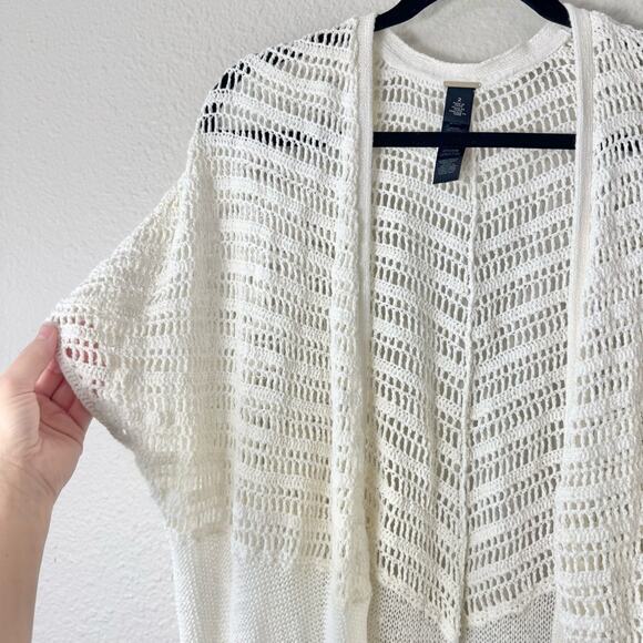Chico’s Cream Crocheted Cardigan Duster Short Sleeved Sweater Size 2/ US 12 - Picture 3 of 7